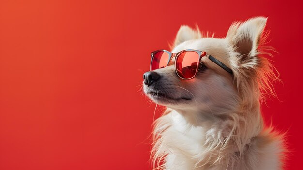 White Dog Wearing Red Sunglasses on Red Background