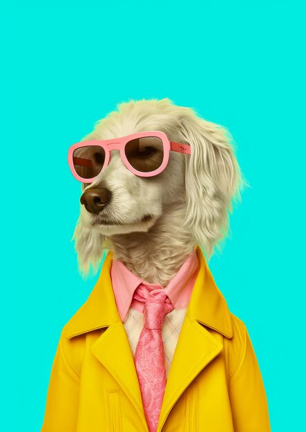 White dog wearing yellow jacket and pink tie with pink sunglasses and pink tie generative ai