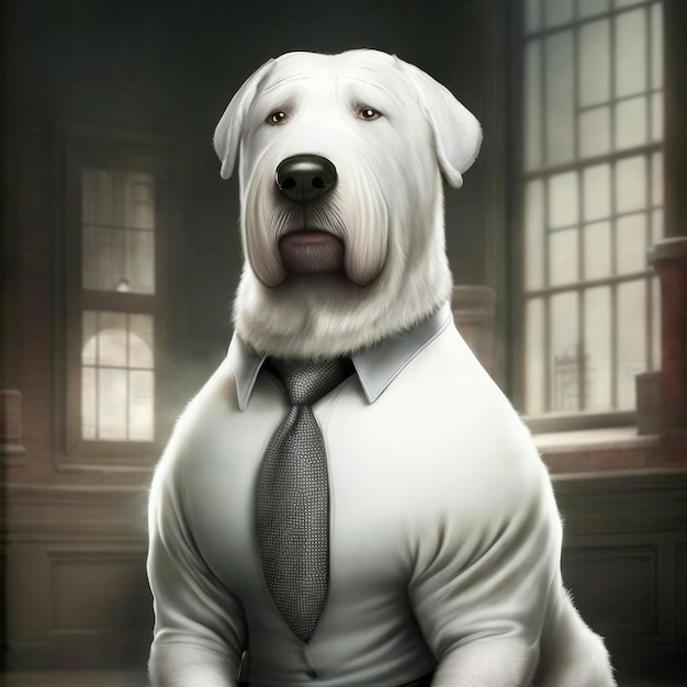 White dog in a white shirt and tie with a serious face