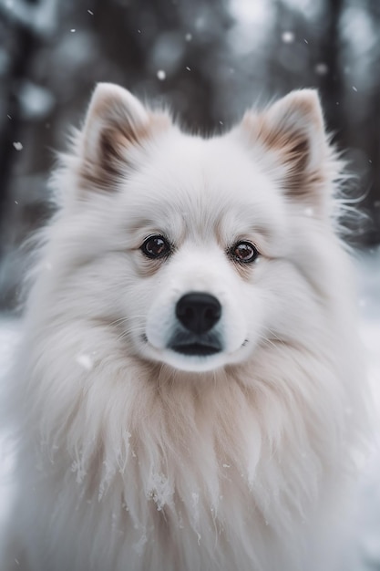 A white dog with a black nose and a black nose in the snow