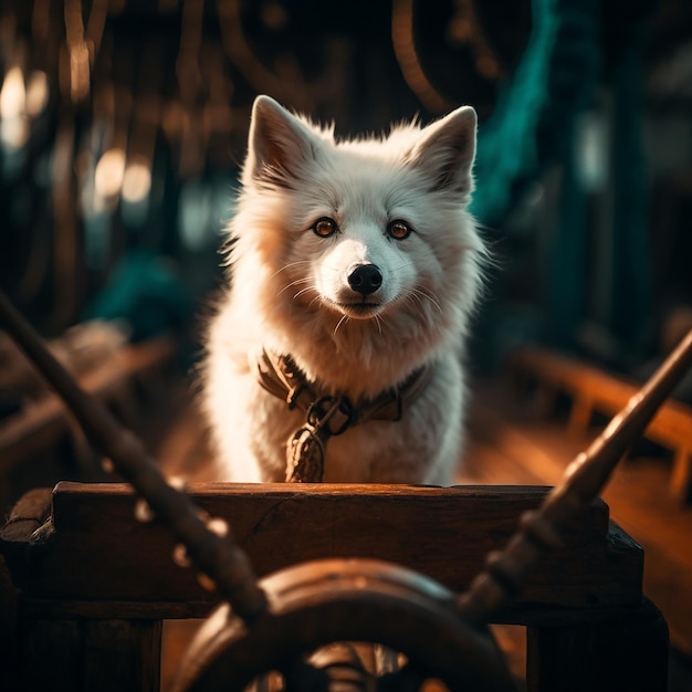 A white dog with blue eyes is standing in a boat.