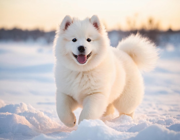 雪の中を走る青い目を持つ白い犬