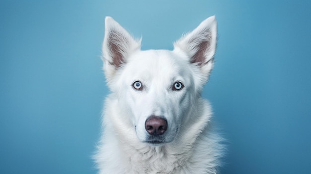 A white dog with blue eyes sits on a blue background