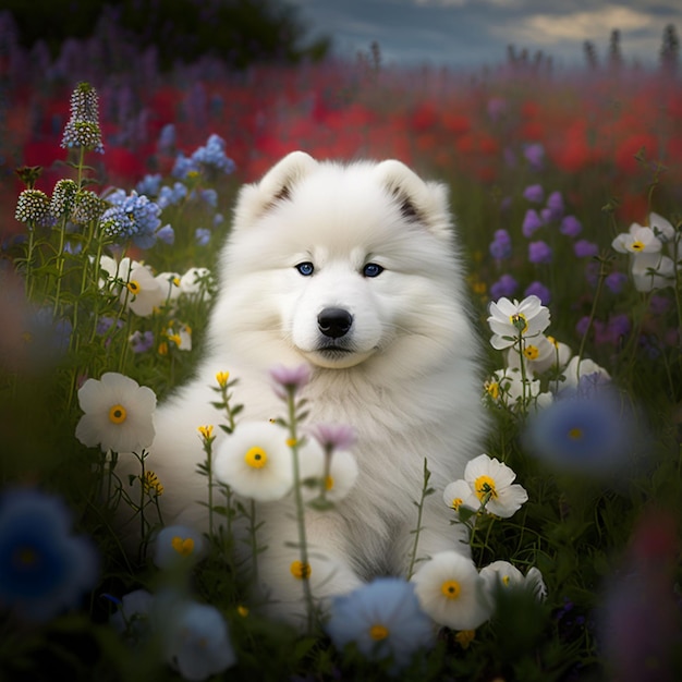 A white dog with blue eyes sits in a field of flowers.