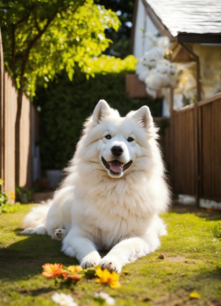 Photo a white dog with blue eyes sits in the grass