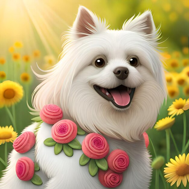 A white dog with a bow tie of red flowers in a field of flowers in spring