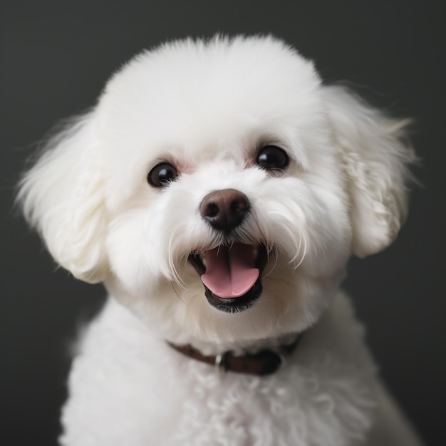 A white dog with a brown collar and a brown collar is sitting in front of a grey background.