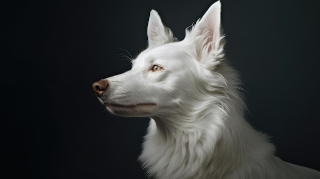 A white dog with a brown eye and a black background.