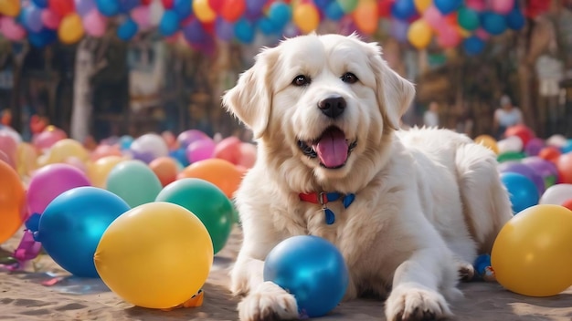 White dog with colorful balloons