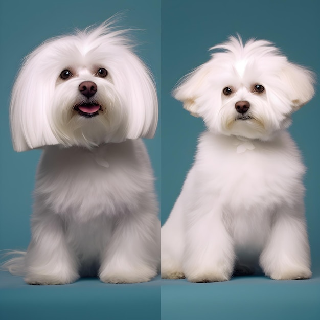 Foto un cane bianco con un lungo taglio di capelli e una lingua rosa.