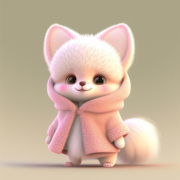 A white dog with a pink coat that says " little fox " on it.