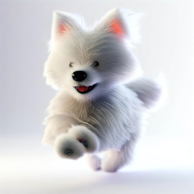 A white dog with a pink nose and a black nose is walking.