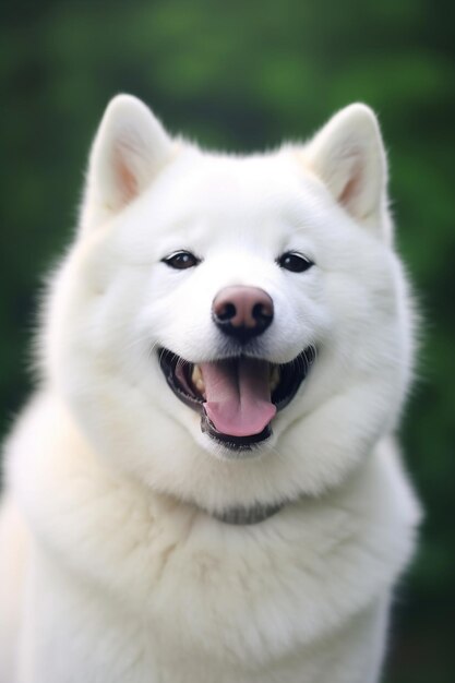 A white dog with a pink tongue that is smiling