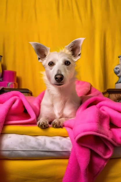 Белая собака с розовым полотенцем на желтом фоне Портрет собаки