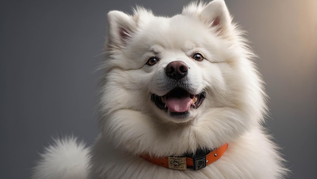 a white dog with a tag that says quot happy dog quot