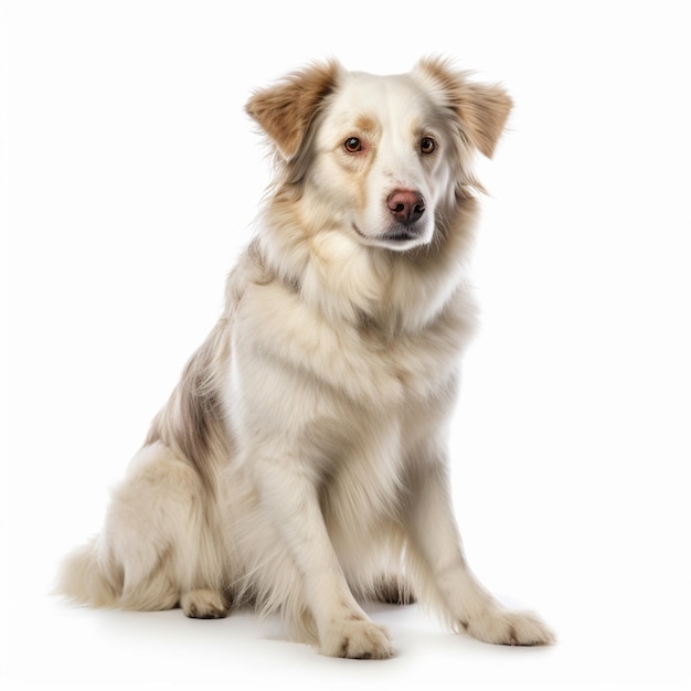 A white dog with tan and white fur and brown ears sits in front of a white background.