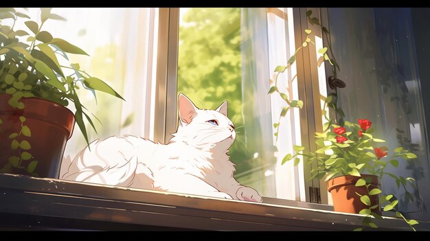 White domestic cat sitting on the windowsill and basking in the sun