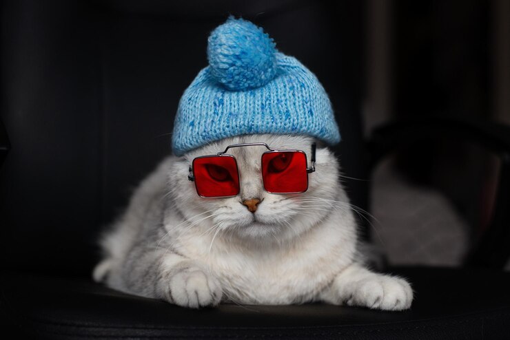 A white domestic cat in a winter hat and glasses in the background, coldly