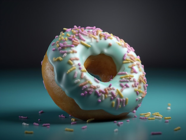 A white donut with blue icing and sprinkles on it.
