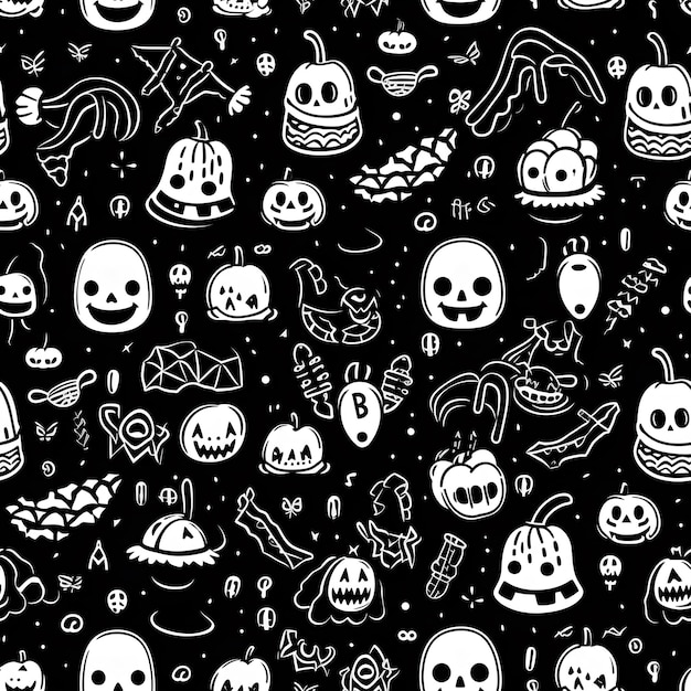 White doodle halloween seamless pattern with cute elements on blackground Generative ai