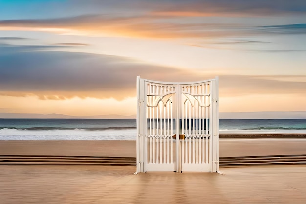 White door on the beach with sunset sky and ocean in the background