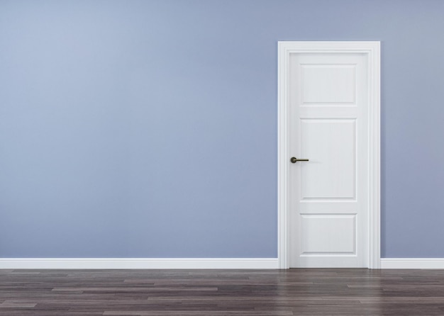 Photo white door in the interior with a blue wall. 3d rendering.