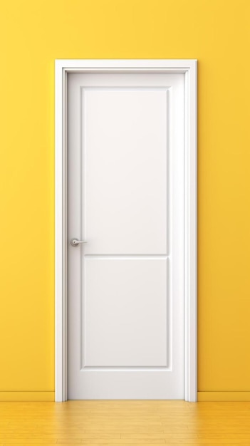 white door to the room at the end of a long corridor with a yellow wall and a painting