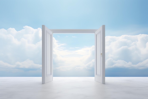 A white door with a blue sky and clouds