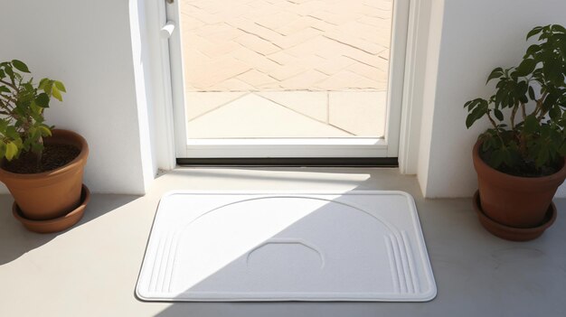 Photo white door with welcome doormat