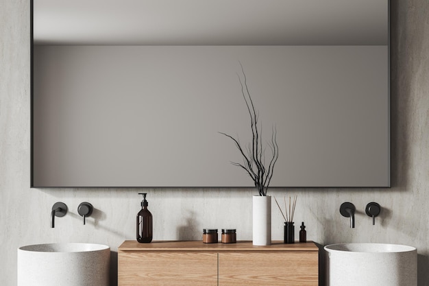 White double sink in concrete bathroom