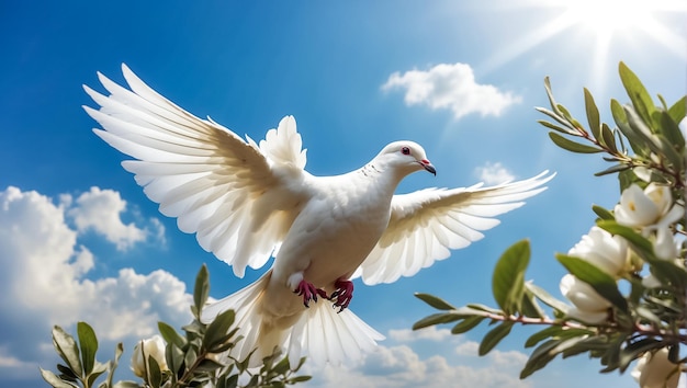 White dove against the sky with clouds branch