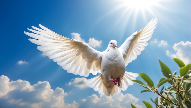 White dove against the sky with clouds branch