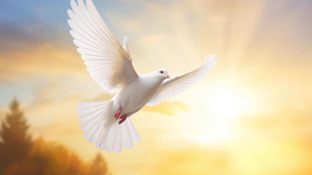 A white dove on bright light shines from heaven background symbol of love and peace descends sky