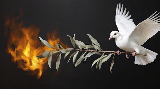 white dove and burning olive brunch symbol of broken peace and war conflict