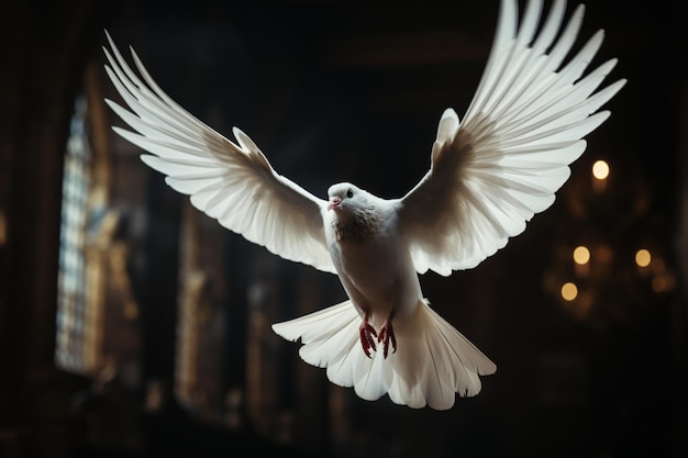 White dove in a dark room evokes a spiritual ambiance