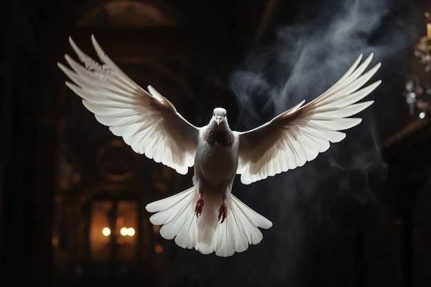 어두운 방 에 있는  비둘기 는 영적 인 분위기 를 불러일으킨다