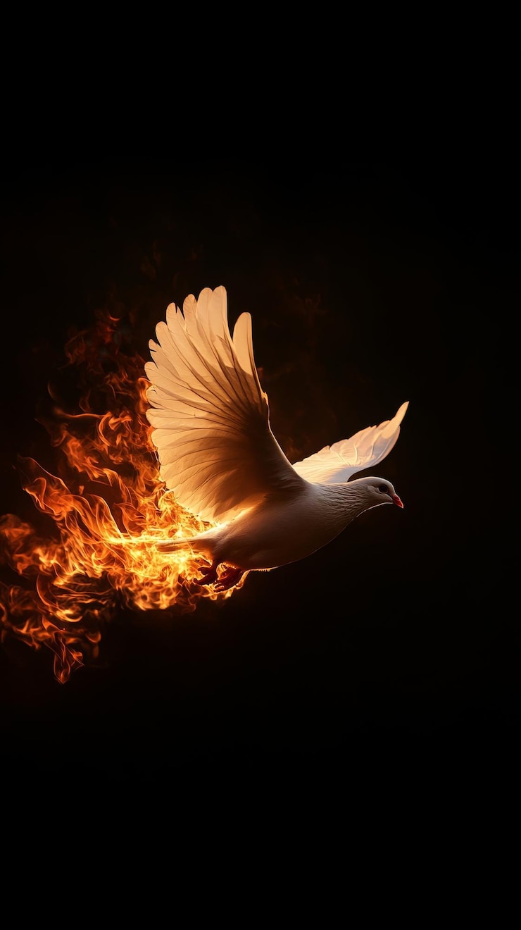 Photo white dove in flames flying dramatic rightside composition