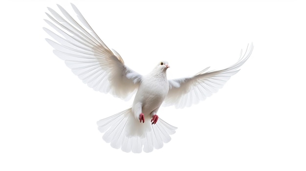 White dove flapping wings and preparing to land isolated on white background