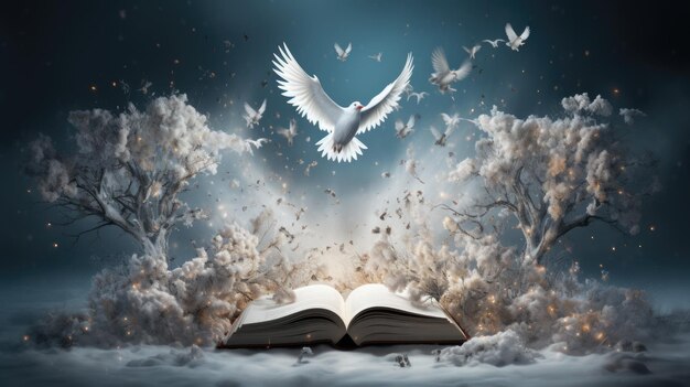 Photo a white dove flies out of a white magic book book advertising high quality photo