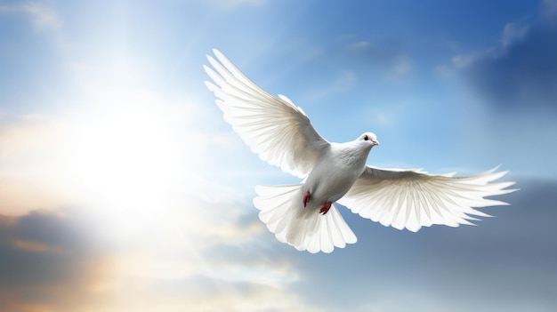 Photo a white dove in flight against a blue sky