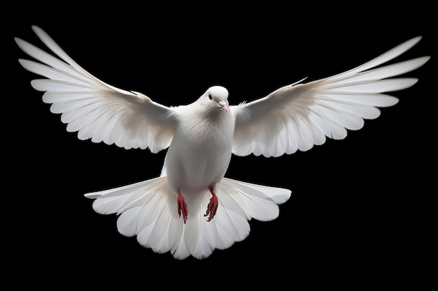 Photo white dove flying in the air on a black background