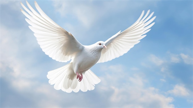 White dove flying in the blue sky 3d render illustration