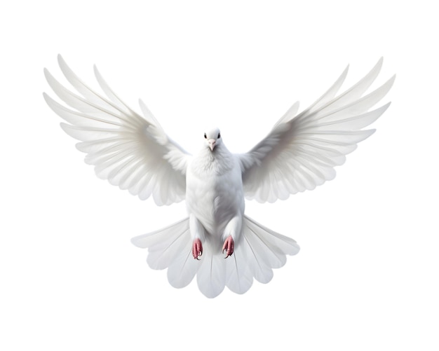 white dove flying free with open wings front view isolated on a transparent background