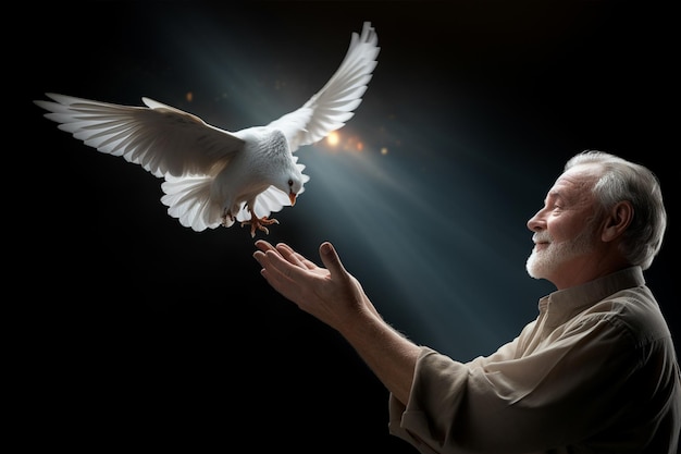 white dove flying from the old mans palms on dark background