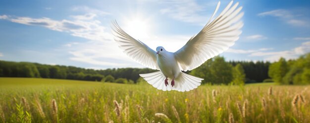 緑の野原を飛ぶ白い鳩 平和の鳥 国際平和デー ジェネレーティブ Ai