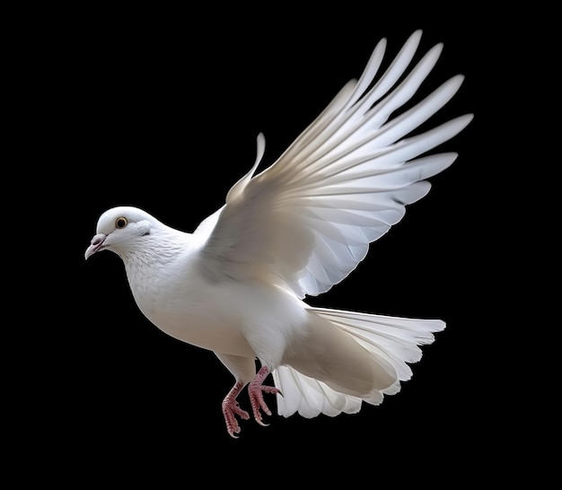 White dove flying isolated on black background