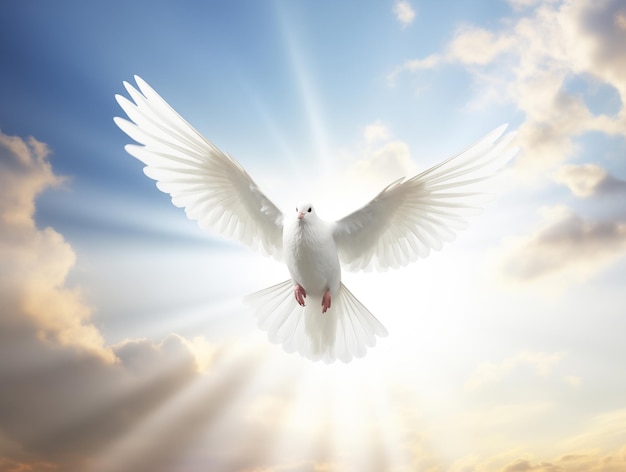 A white dove flying in a sky with beautiful sun