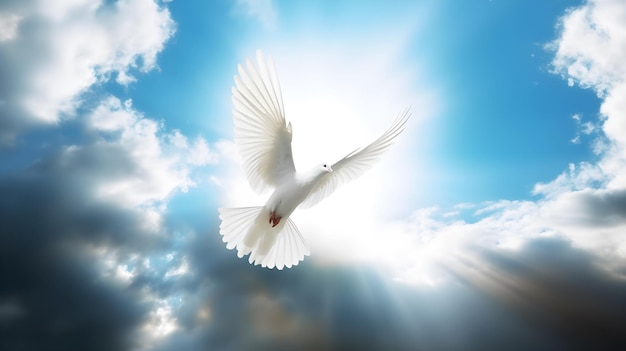 Photo white dove flying in the sky with shining light