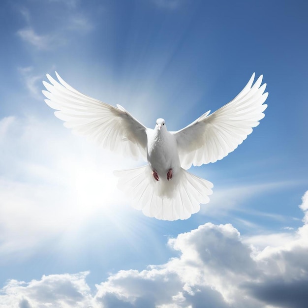 a white dove flying in the sky with the sun shining through the clouds.