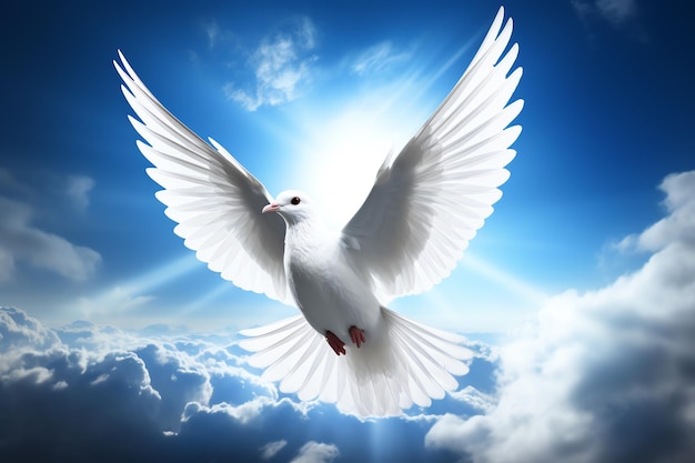 a white dove flying in the sky